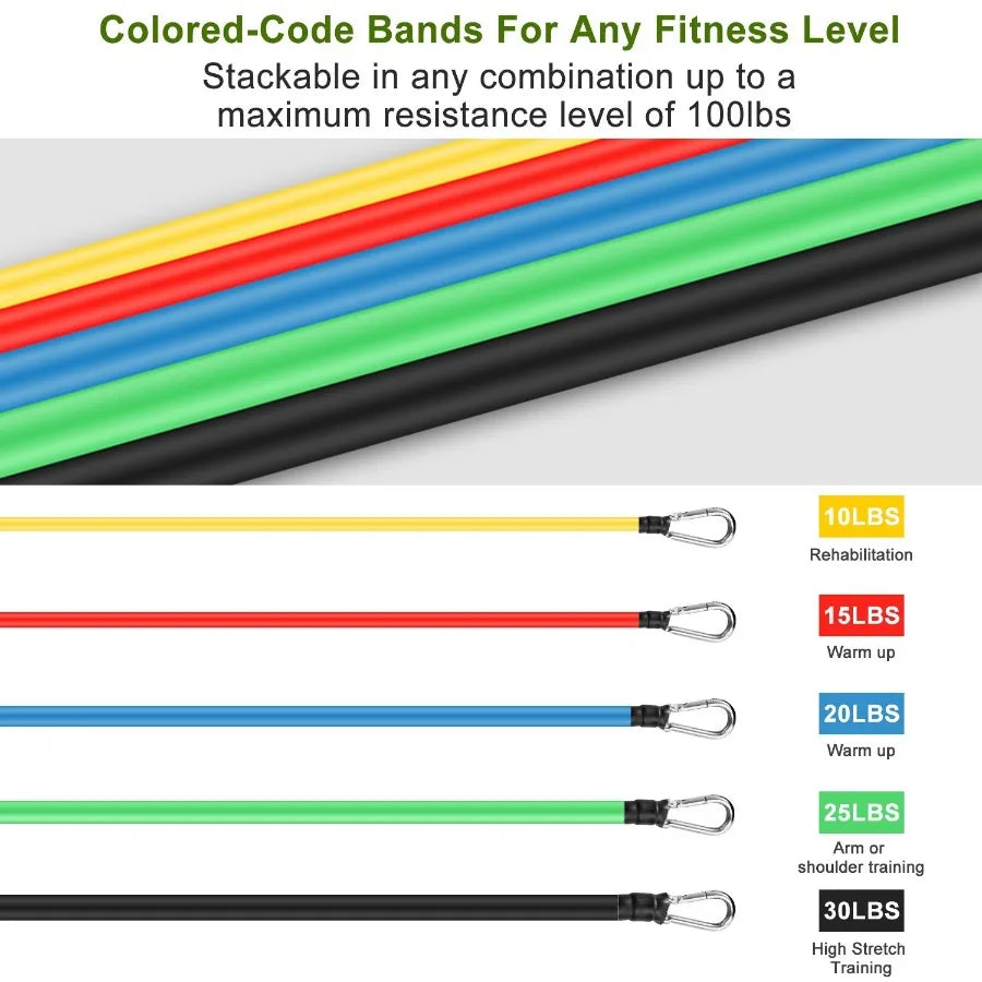 11Pc Set Resistance Tube Bands Up to 100lbs