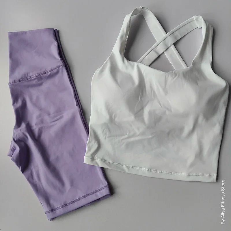 Workout Sports Bra Set Crop Top and High Waist Shorts