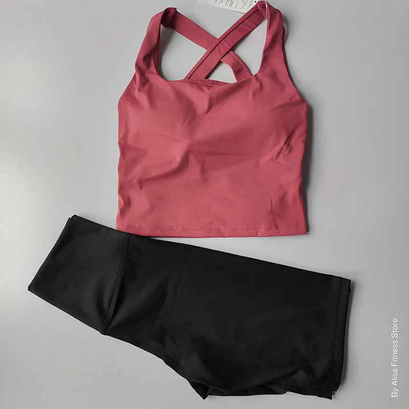 Workout Sports Bra Set Crop Top and High Waist Shorts