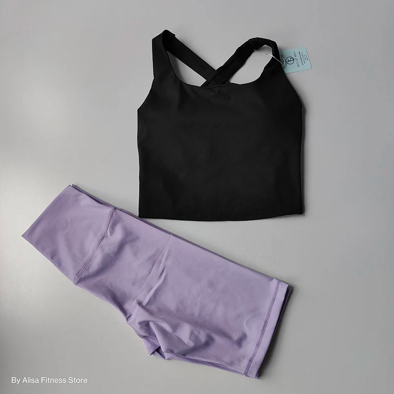Workout Sports Bra Set Crop Top and High Waist Shorts