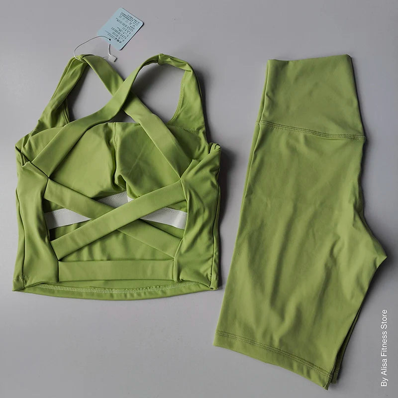 Workout Sports Bra Set Crop Top and High Waist Shorts