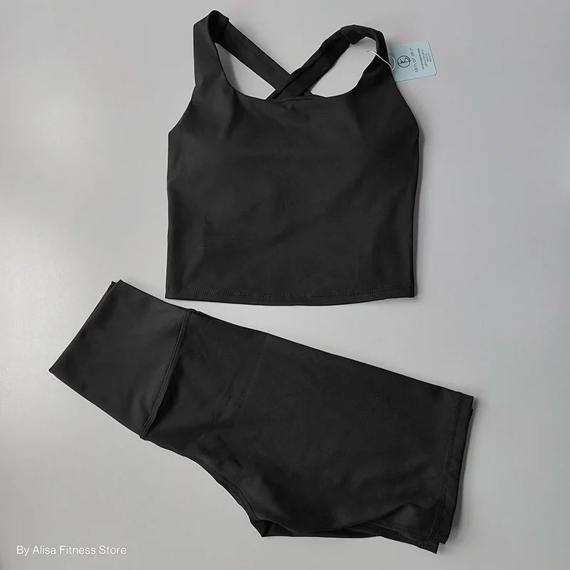 Workout Sports Bra Set Crop Top and High Waist Shorts