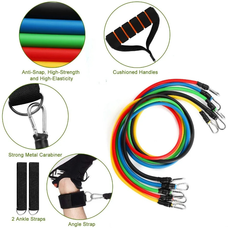 11Pc Set Resistance Tube Bands Up to 100lbs