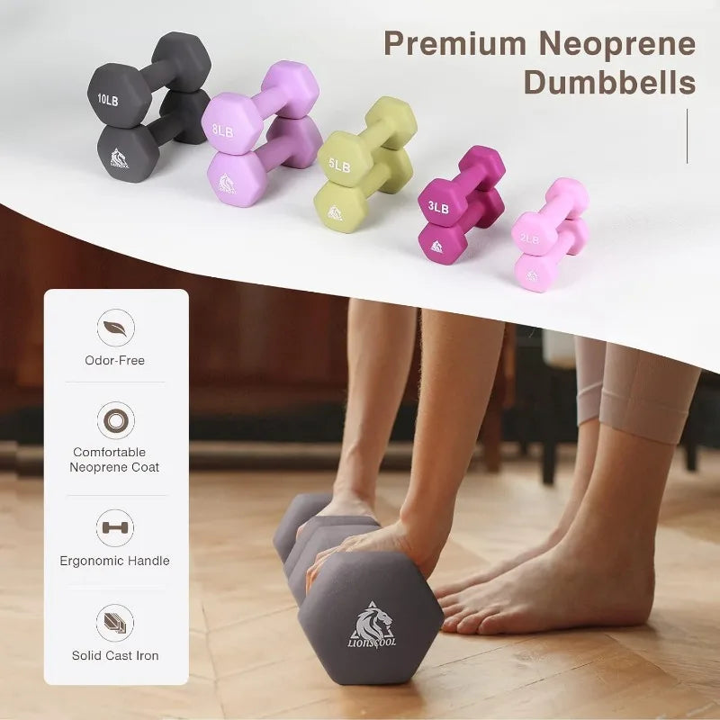 LIONSCOOL Set of 2 Neoprene Coated Dumbbell Hand Weights, Anti-Slip and Anti-Roll Hex Dumbbells in Pair for Strength Training