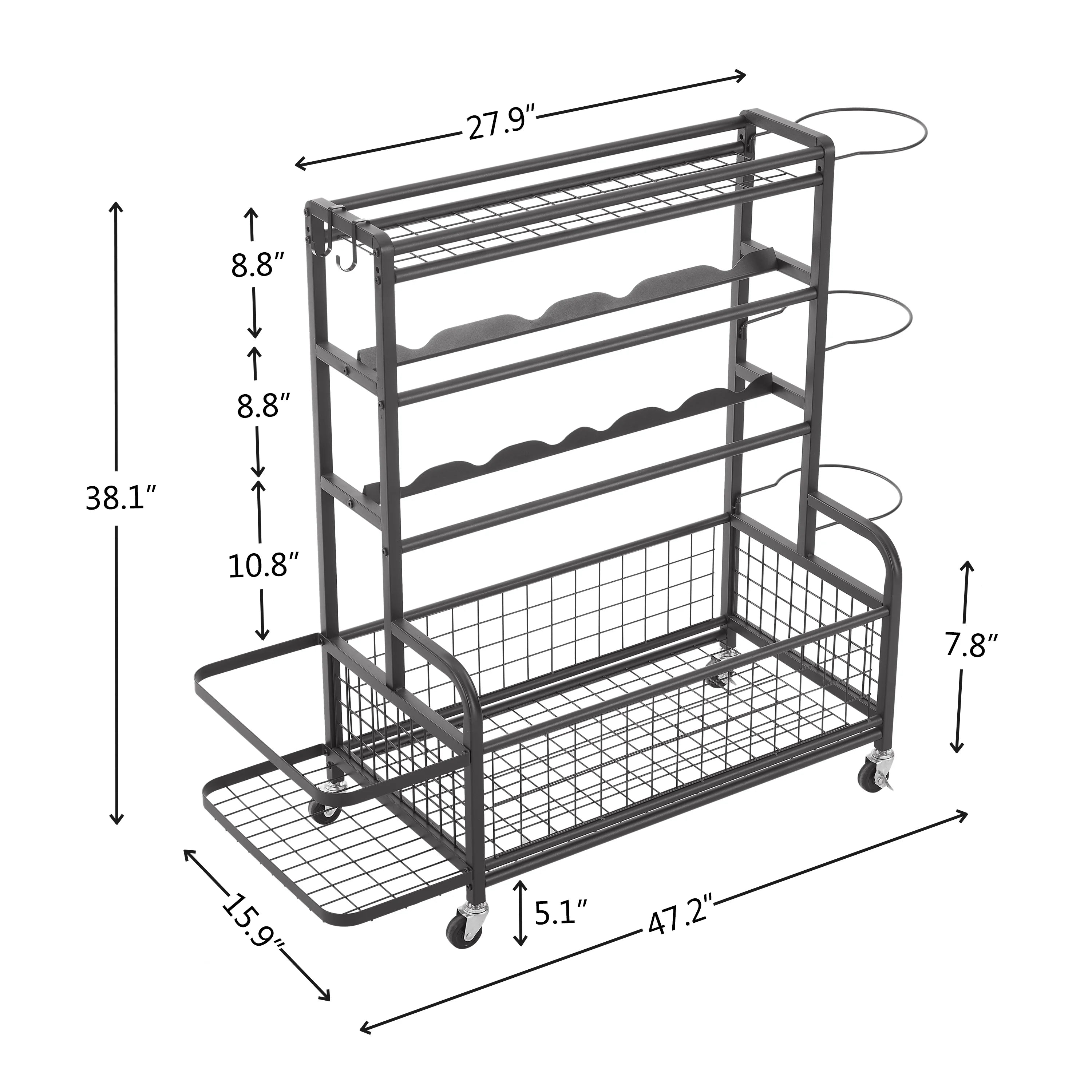 4 Tier Metal Storage Organizer with Rolling Wheels for Basketball Sports Equipment Organizer for Yoga Mat  Football