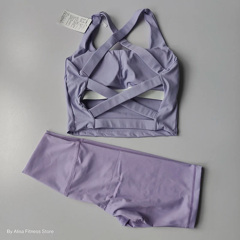 Workout Sports Bra Set Crop Top and High Waist Shorts