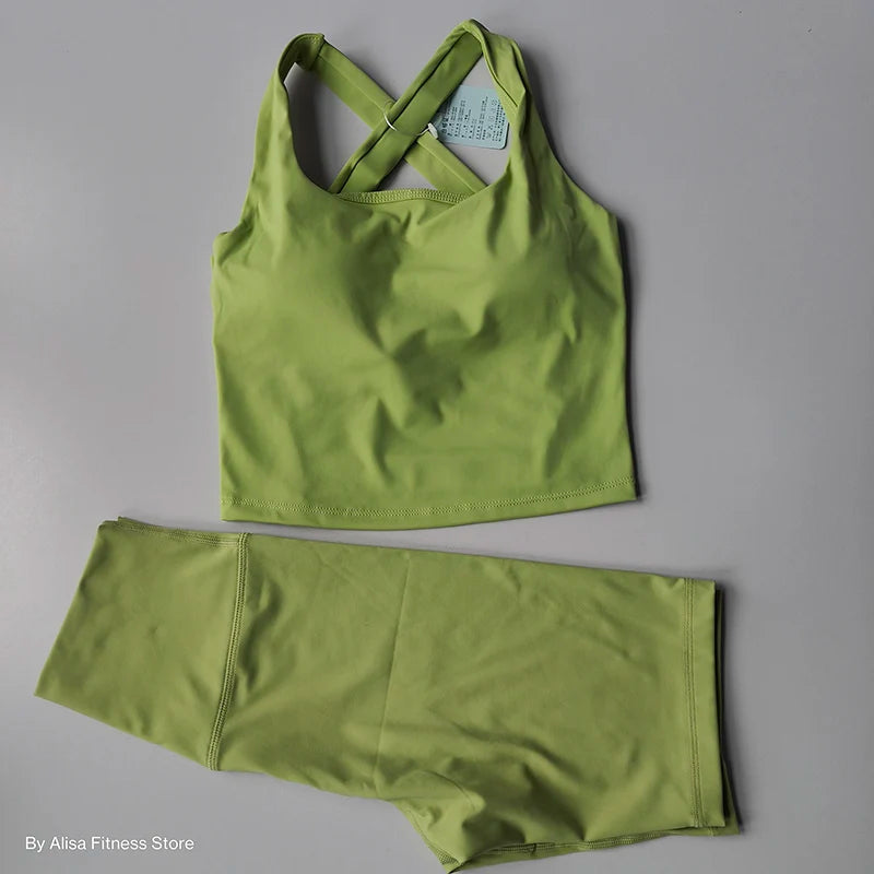 Workout Sports Bra Set Crop Top and High Waist Shorts
