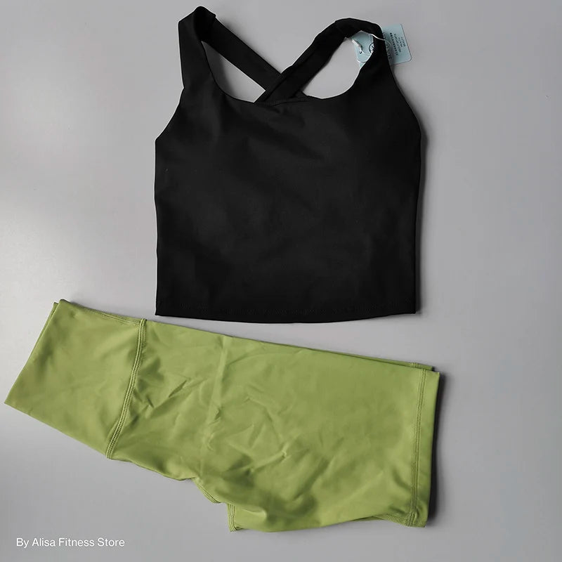 Workout Sports Bra Set Crop Top and High Waist Shorts