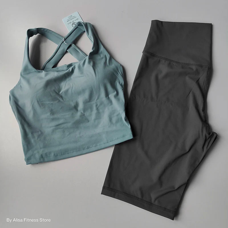 Workout Sports Bra Set Crop Top and High Waist Shorts
