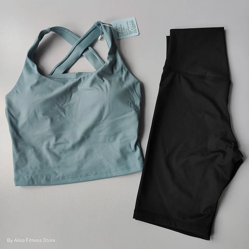Workout Sports Bra Set Crop Top and High Waist Shorts