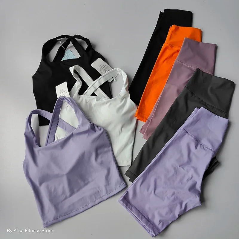 Workout Sports Bra Set Crop Top and High Waist Shorts